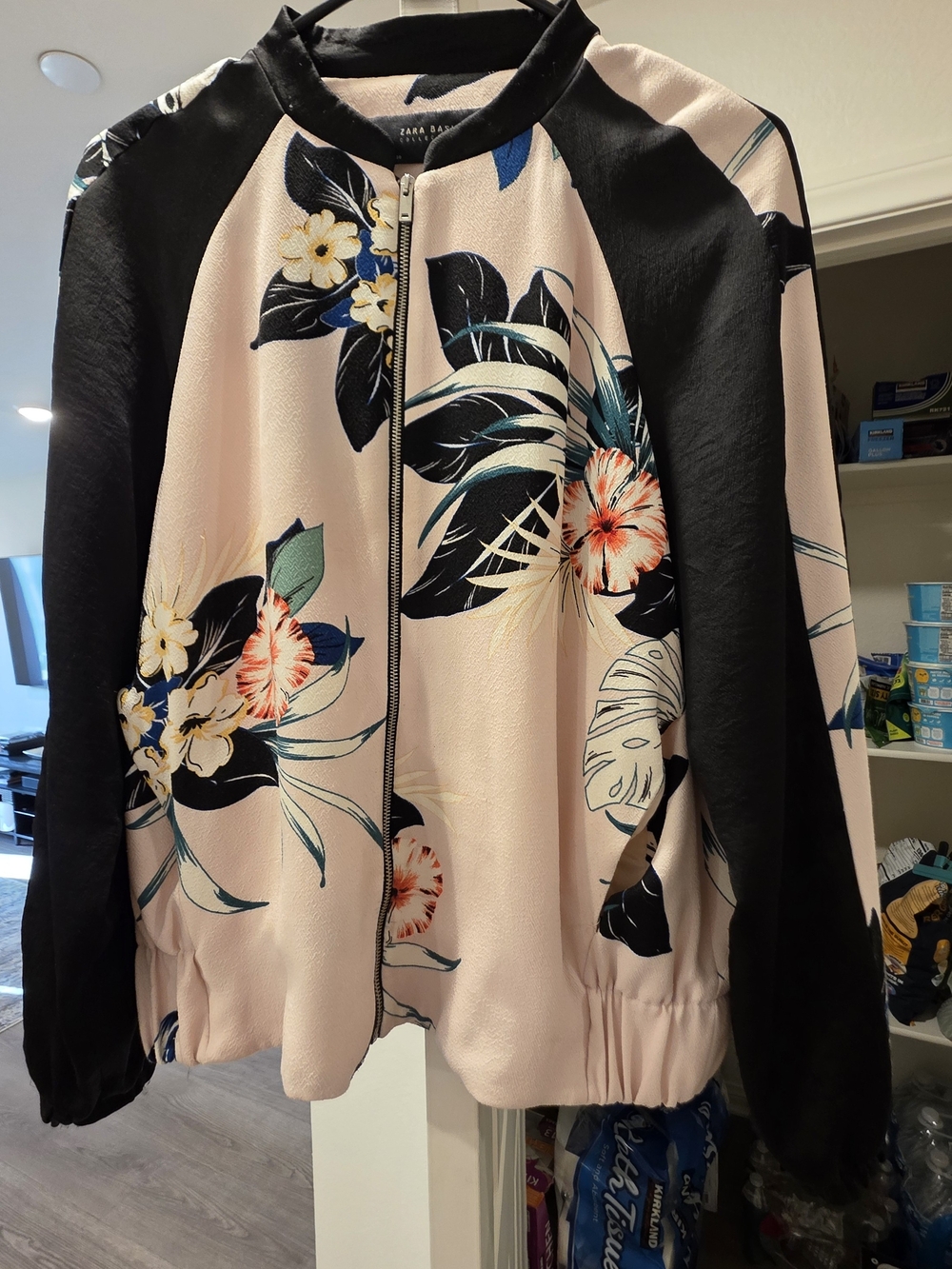 Zara Pink Floral Bomber Jacket with Black Sleeves